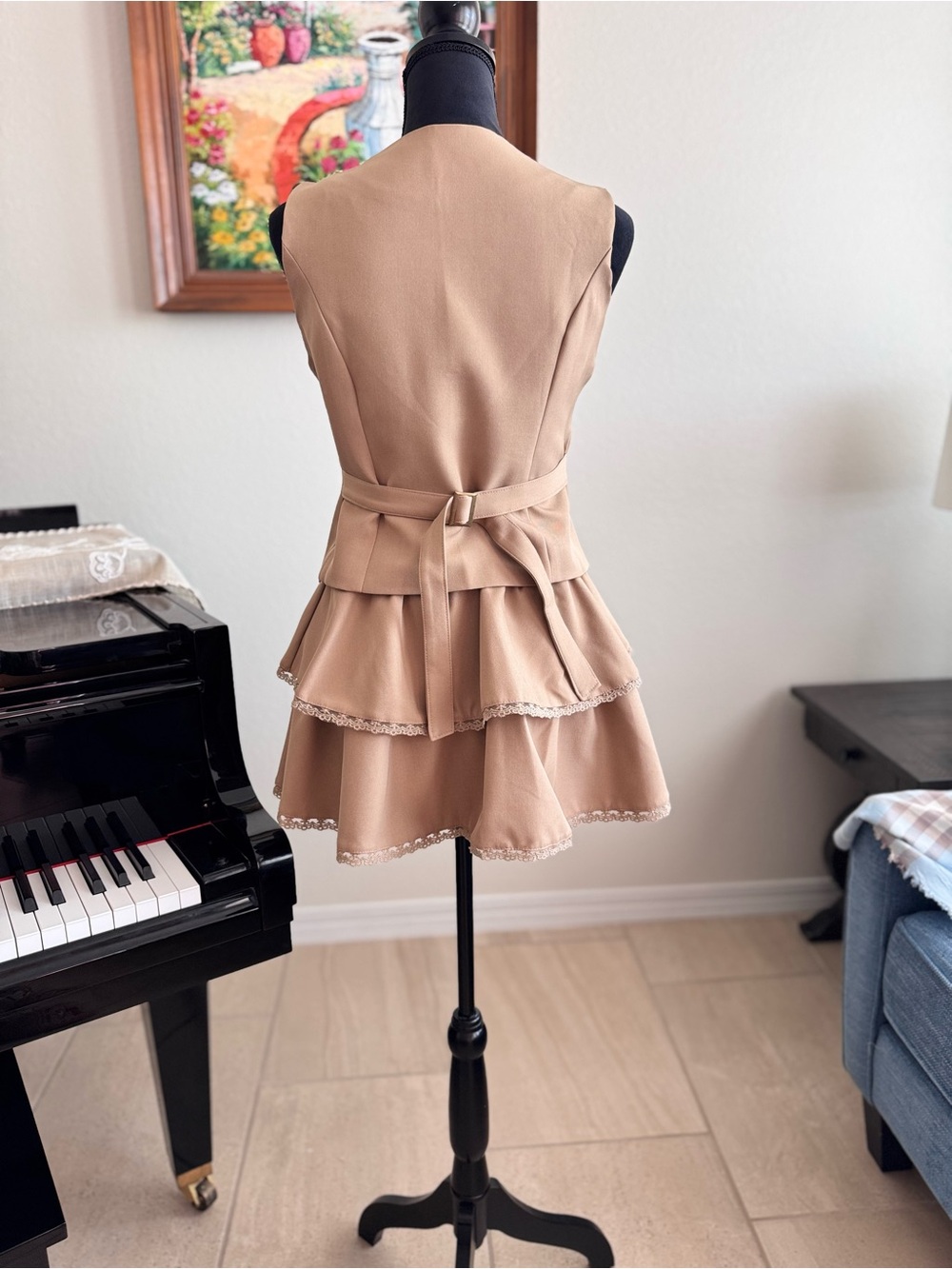 Classic Tan Tiered 2-pc Dress with Buttoned Vest - Picture 8 of 14